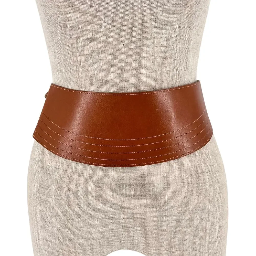 Wide Brown Leather Belt Back Buckle Boho Bohemian